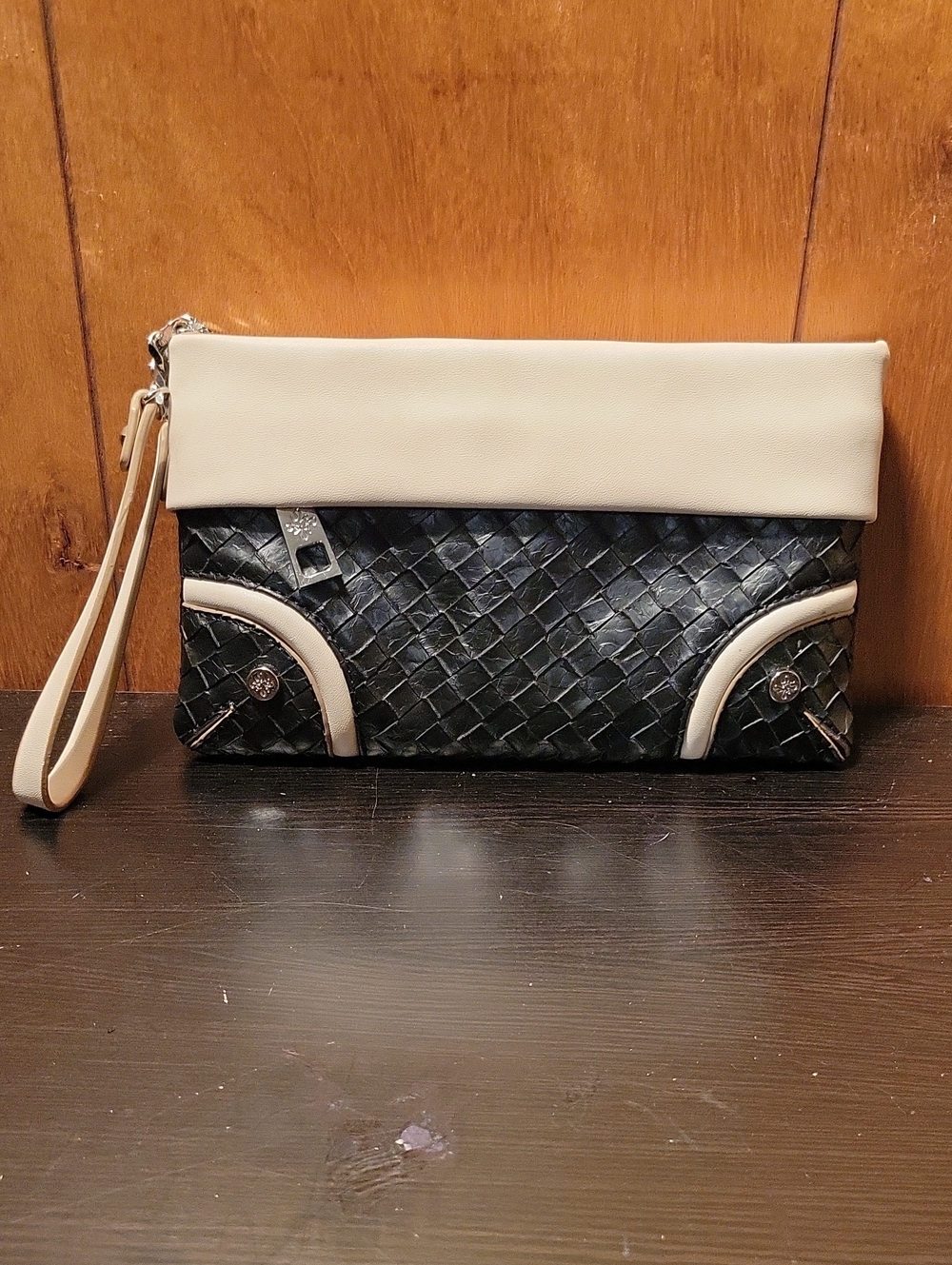 Simply Vera Vera Wang Black Woven and Cream Fold-Over Wristlet Clutch